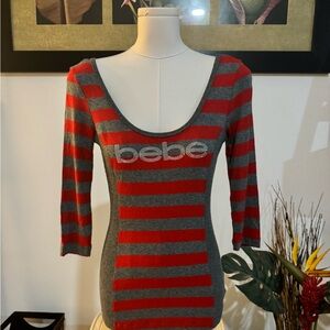 bebe Logo Women's Fitted Top Blouse 3/4 Sleeves Red Gray Vintage 1990's Medium